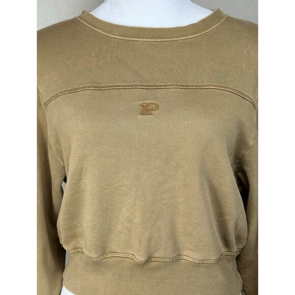 Victoria's Secret PINK Sz S Logo Relaxed Cropped Pullover Sweatshirt Tan Beige - Picture 2 of 13